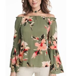 White House Black Market Floral Off-Shoulder Blouse - Green and Pink